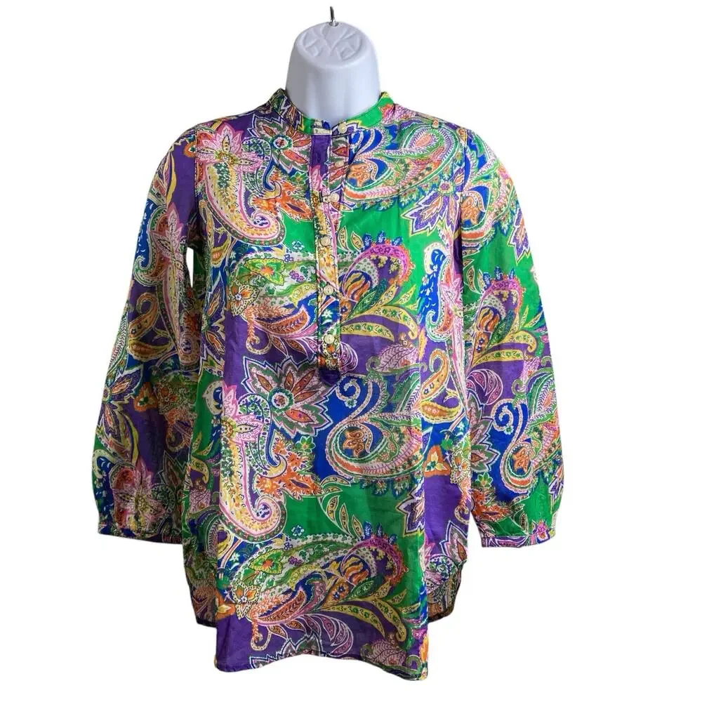 Ralph Lauren Girls‎ Green Purple Paisley Popover Shirt Size 10 Preppy Old Money
